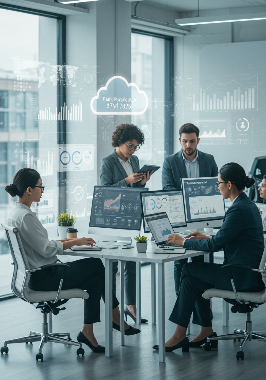 Equipo usando plataformas cloud para conciliación bancaria, DTE, gestión documental y remuneraciones con soluciones de 2WIN Chile.